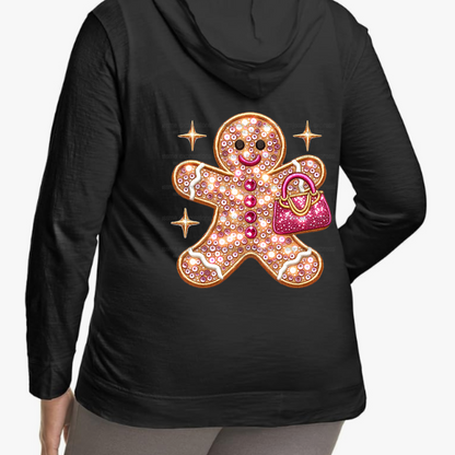 Black Faux Sequins Gingerbread Girl Lightweight Hooded Christmas Graphic Jacket
