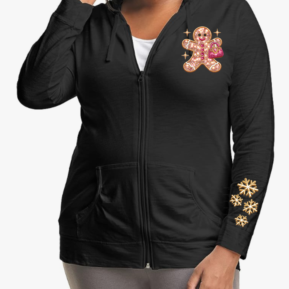 Black Faux Sequins Gingerbread Girl Lightweight Hooded Christmas Graphic Jacket