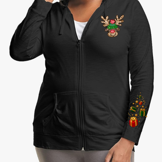 Black Faux Sequins Reindeer Lightweight Hooded Christmas Graphic Jacket