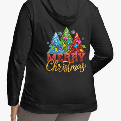 Black Faux Sequins Merry Christmas Lightweight Hooded Christmas Graphic Jacket