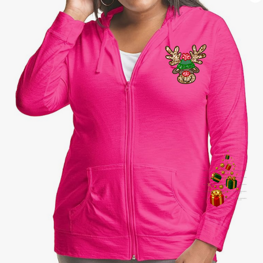 Pink Faux Sequins Reindeer Lightweight Hooded Christmas Graphic Jacket