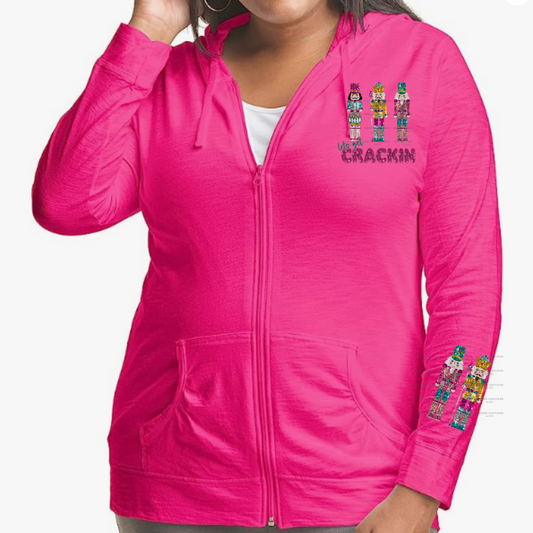 Pink Faux Sequins Lets Get Crackin Lightweight Hooded Christmas Graphic Jacket