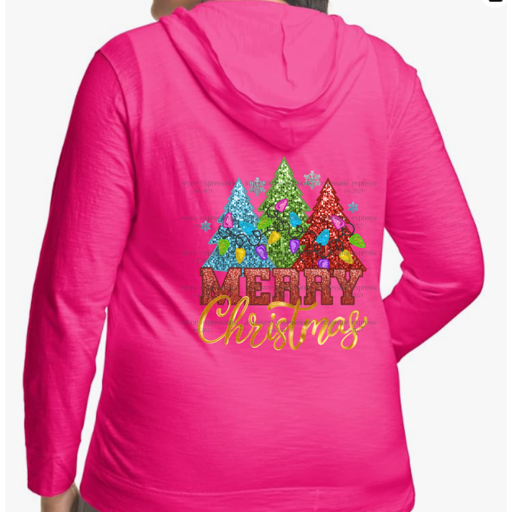 Pink Faux Sequins Merry Christmas Lightweight Hooded Christmas Graphic Jacket