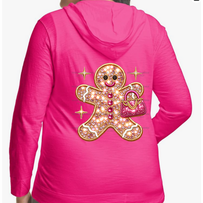 Pink Faux Sequins Gingerbread Girl Lightweight Hooded Christmas Graphic Jacket