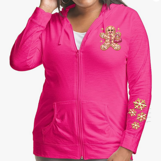 Pink Faux Sequins Gingerbread Girl Lightweight Hooded Christmas Graphic Jacket