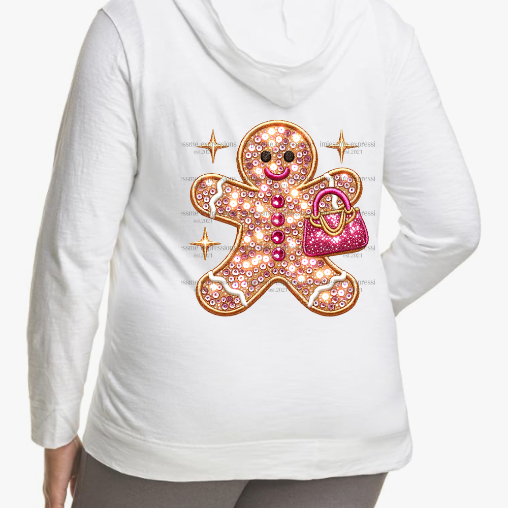 White Faux Sequins Gingerbread Girl Lightweight Hooded Christmas Graphic Jacket