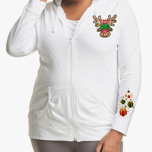 White Faux Sequins Reindeer Lightweight Hooded Christmas Graphic Jacket