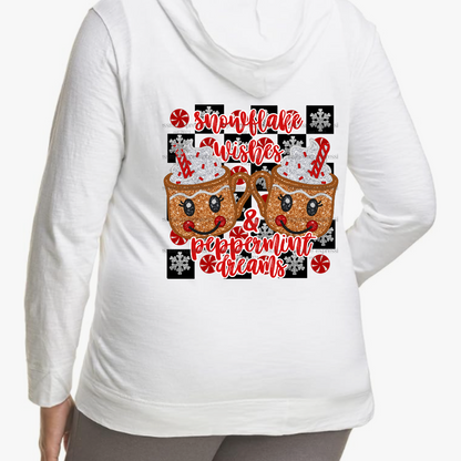 White Faux Sequins Snowflakes & Peppermint Lightweight Hooded Christmas Graphic Jacket