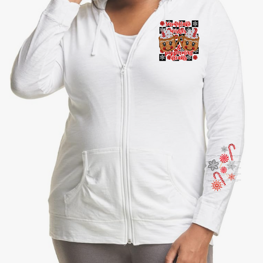 White Faux Sequins Snowflakes & Peppermint Lightweight Hooded Christmas Graphic Jacket