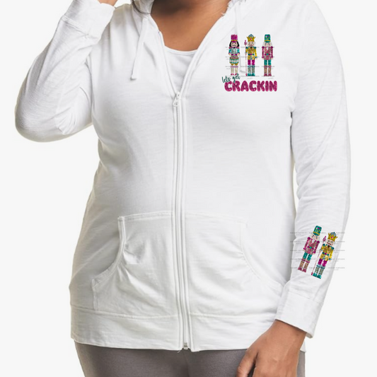 White Faux Sequins Lets Get Crackin Lightweight Hooded Christmas Graphic Jacket