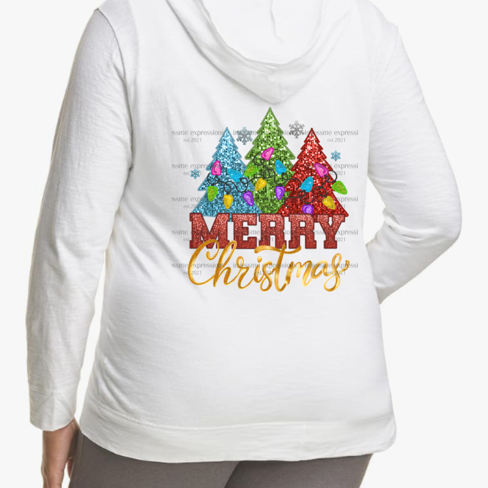 White Faux Sequins Merry Christmas Lightweight Hooded Christmas Graphic Jacket