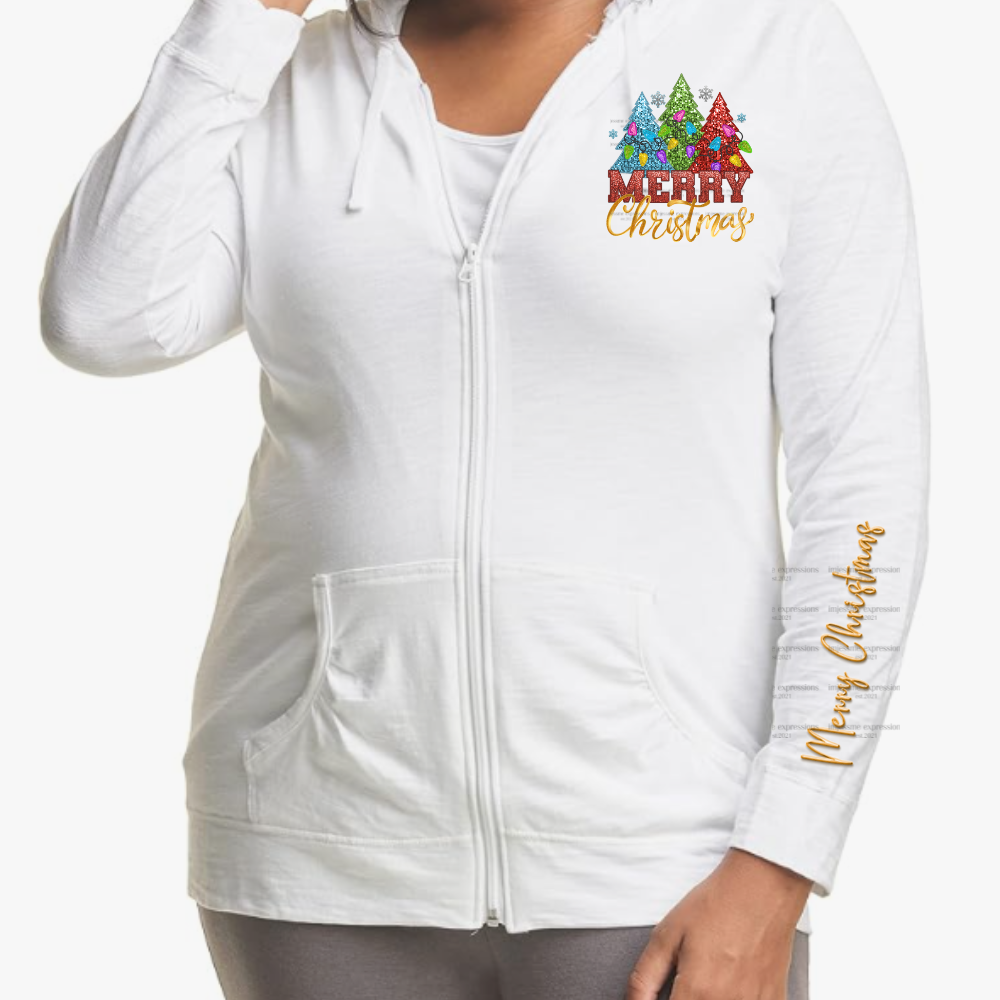 White Faux Sequins Merry Christmas Lightweight Hooded Christmas Graphic Jacket