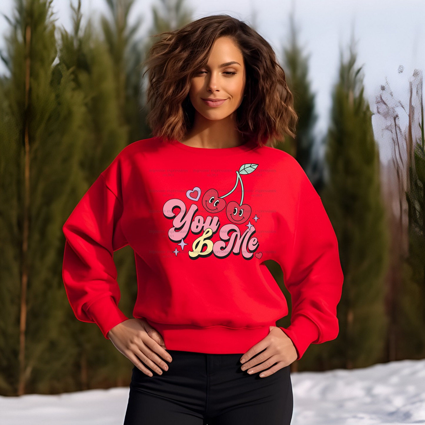 Retro-You and Me Cherry - DTF Valentine's Day Graphic Sweater