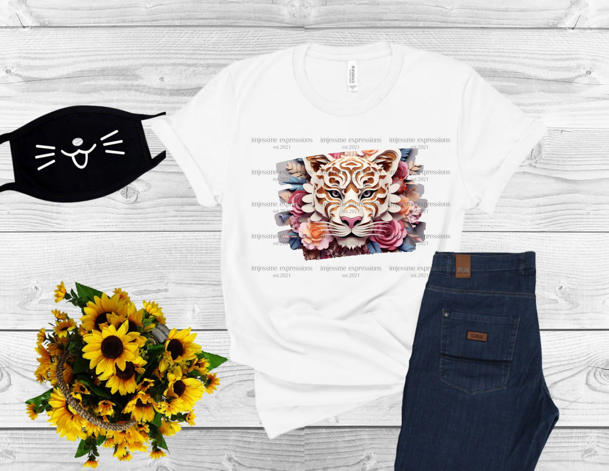 image of a short sleeve, white, graphic tee with 3d flowers and a tiger