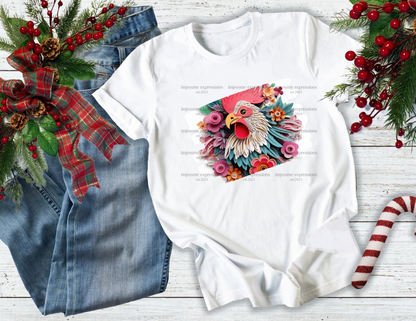 image of a short sleeve, white, graphic tee with 3d flowers and a rooster