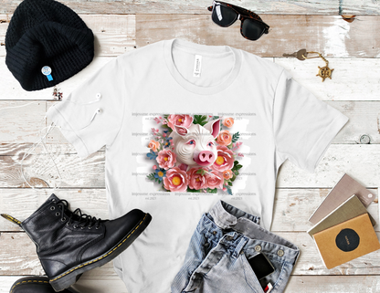 image of a short sleeve, white, graphic tee with 3d flowers and a piggy