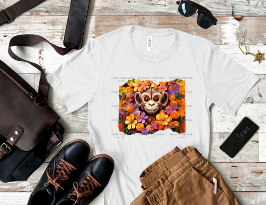 image of a short sleeve, white, graphic tee with 3d flowers and a monkey