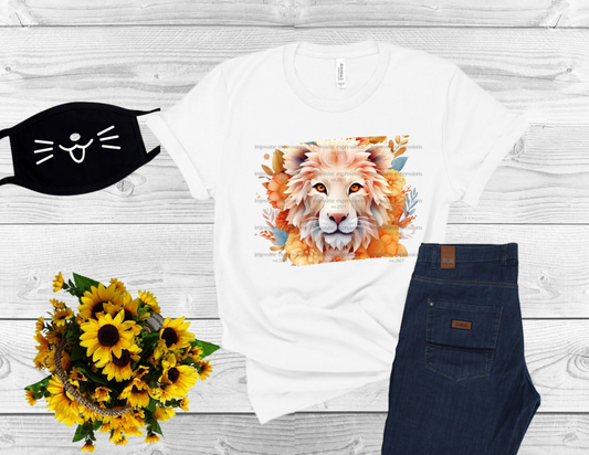 image of a short sleeve, white, graphic tee, with 3d flowers and a lion