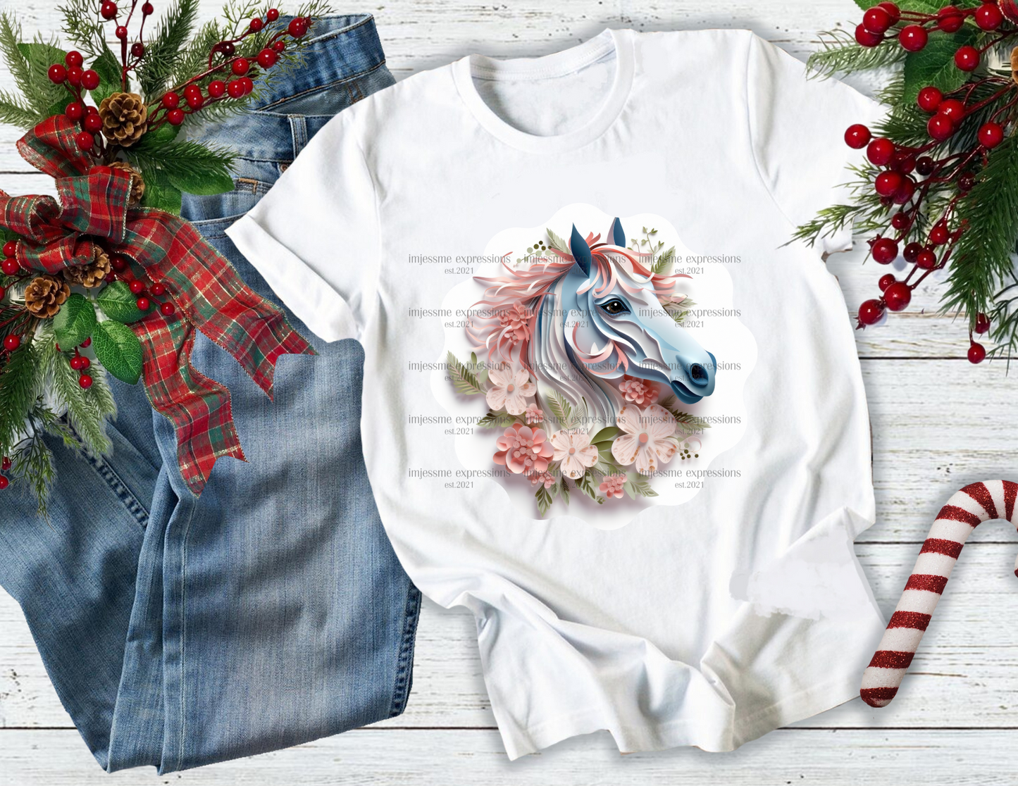 image of a short sleeve, white, graphic tee with 3d flowers and a stallion