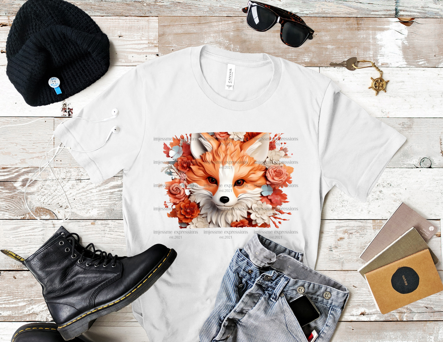 image of a short sleeve, white, graphic tee, with 3d flowers and a fox