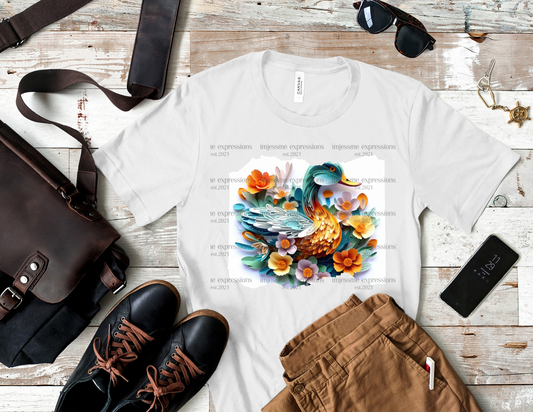 image of a short sleeve, white tee, with 3d flowers and duck