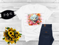 image of a short sleeve, white tee, with 3d flowers and a dragon