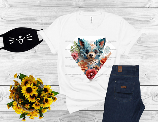 image of a short sleeve, white tee, with 3d flowers and a chihuahua