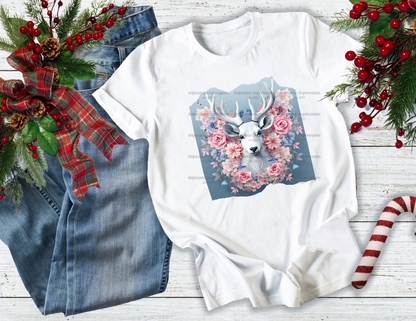 image of a short sleeve, white tee, with 3d flowers and a deer