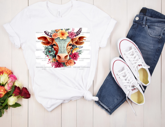 image of a short sleeve, white tee, with 3d flowers and a cow