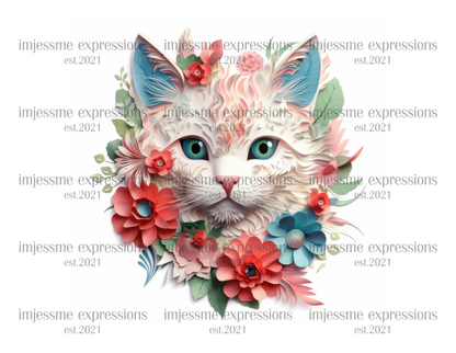 image of a white short sleeve tee, with a 3d image with flowers and a cat