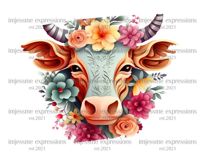 image of a short sleeve, white tee, with 3d flowers and a cow