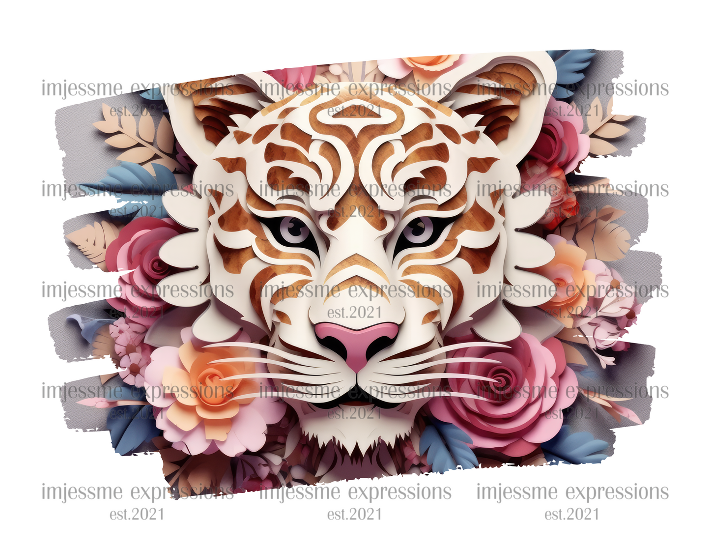 image of a short sleeve, white, graphic tee with 3d flowers and a tiger