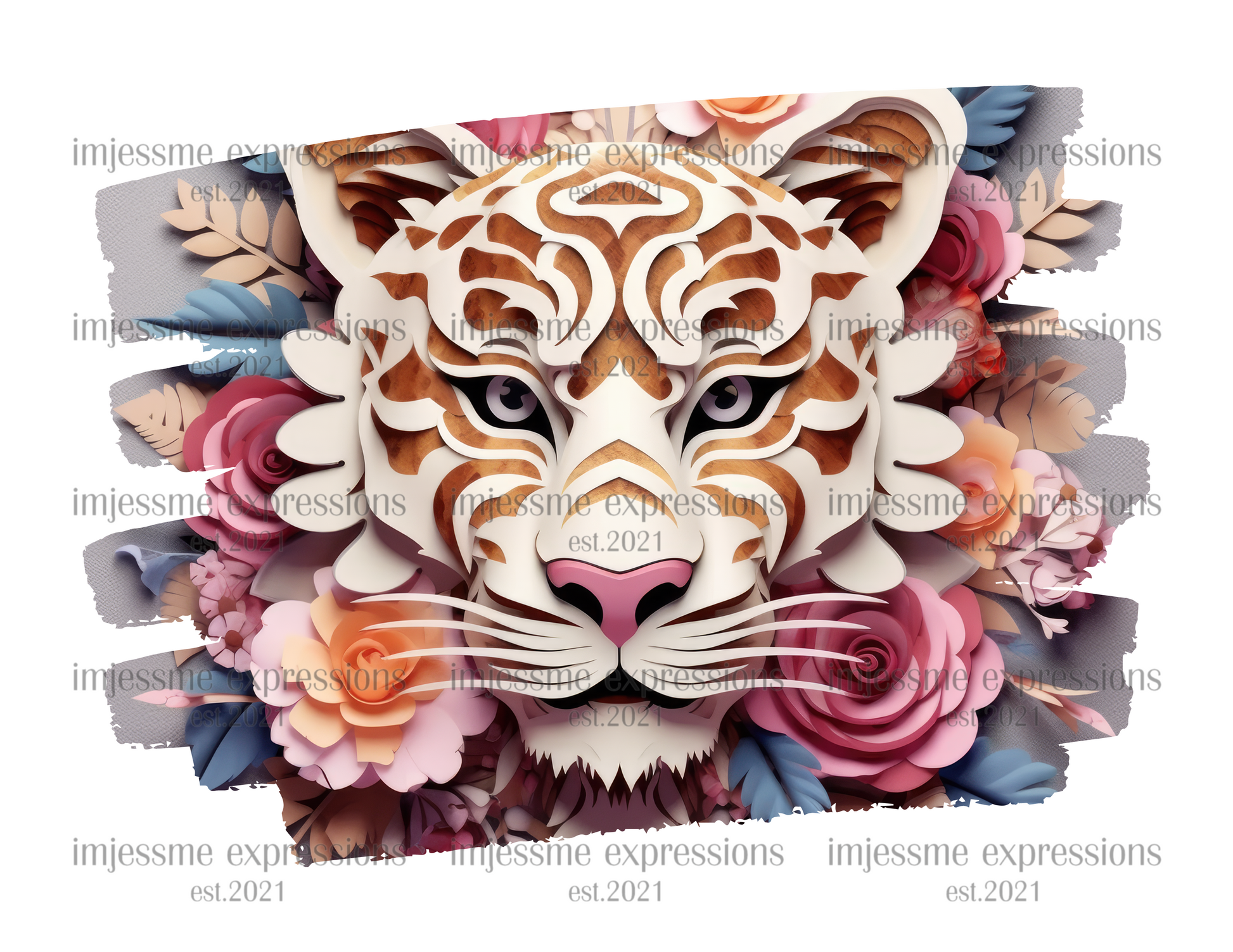 image of a short sleeve, white, graphic tee with 3d flowers and a tiger