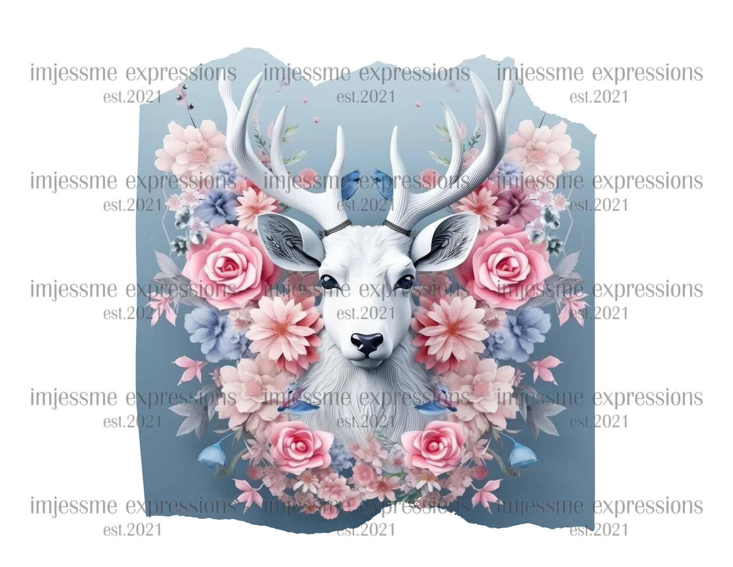 image of a short sleeve, white tee, with 3d flowers and a deer