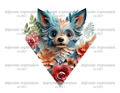 image of a short sleeve, white tee, with 3d flowers and a chihuahua