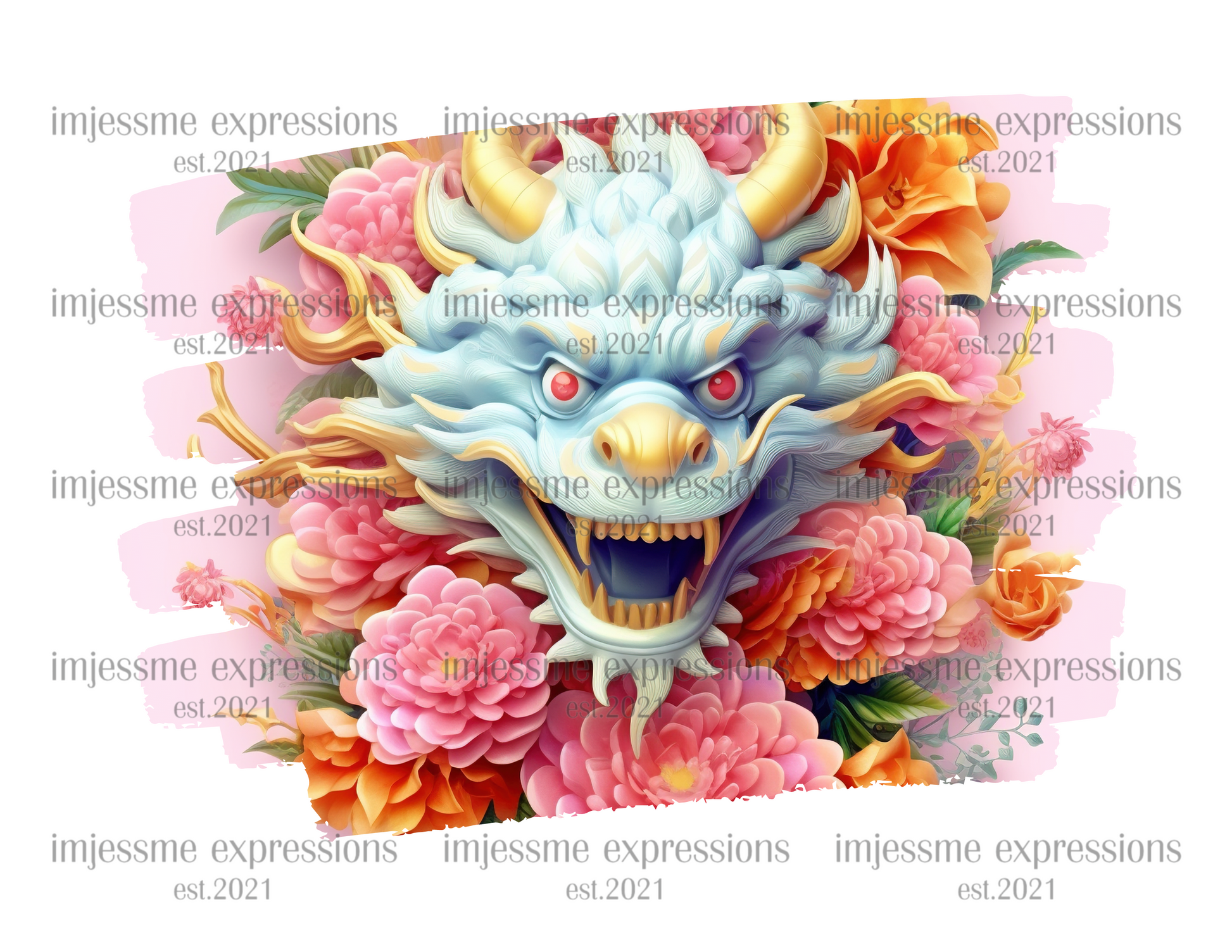 image of a short sleeve, white tee, with 3d flowers and a dragon