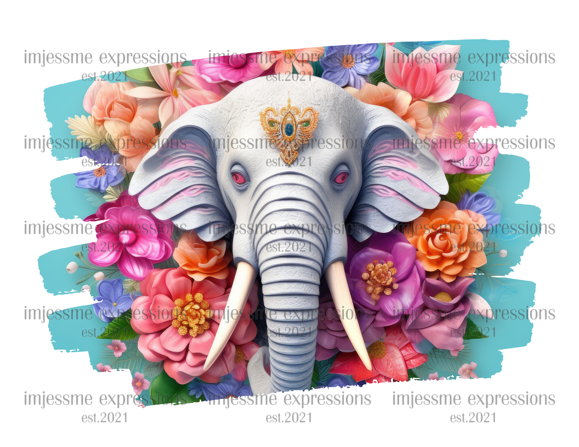 image of a short sleeve, white, graphic tee, with 3d flowers and an elephant