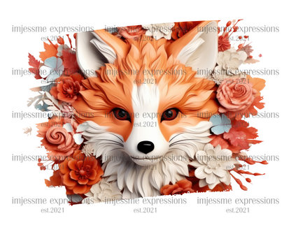 image of a short sleeve, white, graphic tee, with 3d flowers and a fox