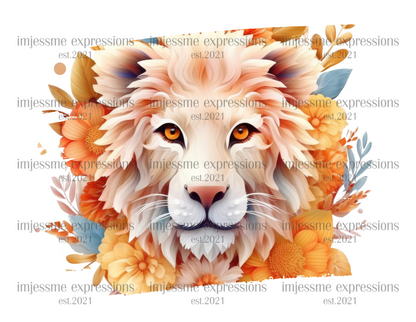 image of a short sleeve, white, graphic tee, with 3d flowers and a lion