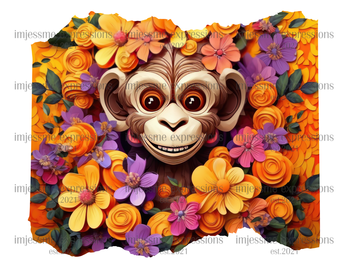 image of a short sleeve, white, graphic tee with 3d flowers and a monkey