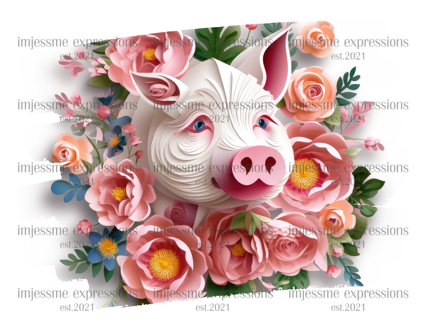 image of a short sleeve, white, graphic tee with 3d flowers and a piggy